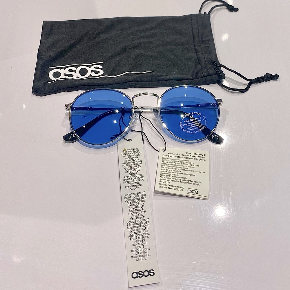 ASOS Silver Round frame unisex sunglasses with Blue lenses